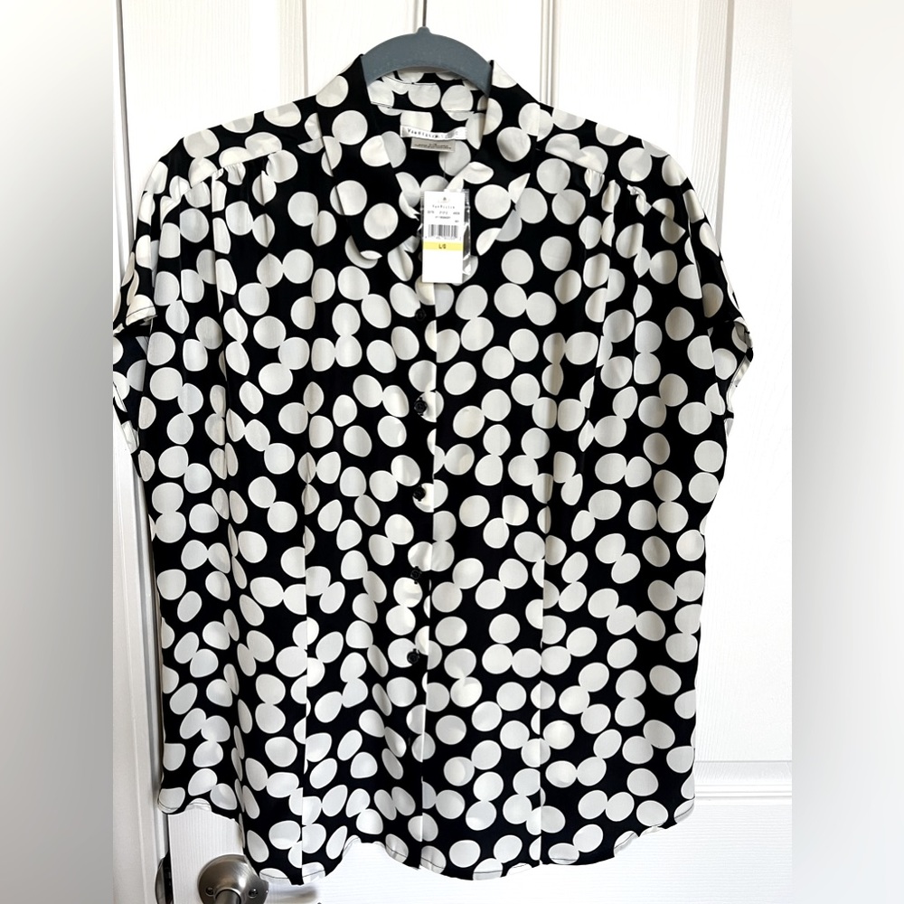 Van Heusen, Dolman short sleeves, white polkadots, Princes seams blouse.